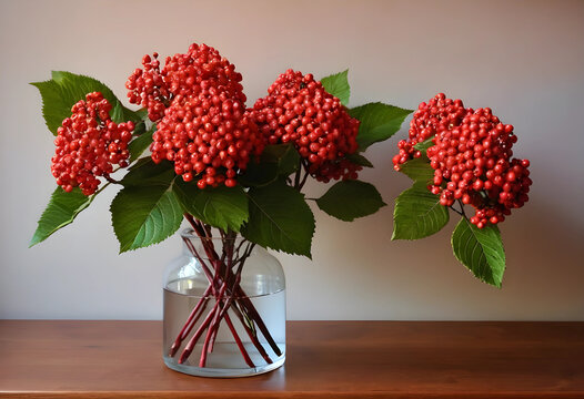 Autumn harvest and seasonal decor, viburnum opulus berries in a glass vase on a wooden table for interior design and home styling with natural elements