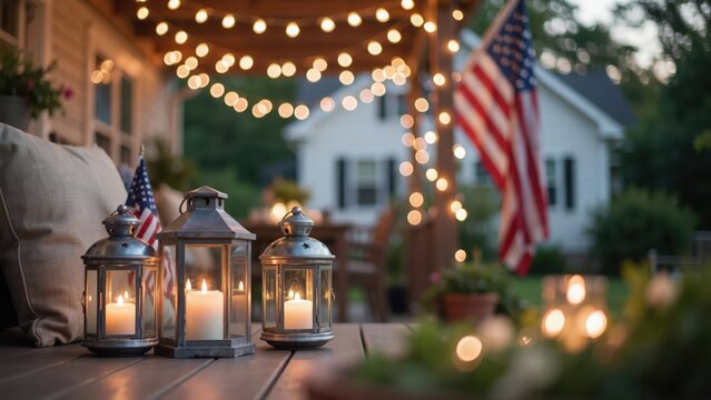 Decorative lanterns with candles and string lights on a garden patio