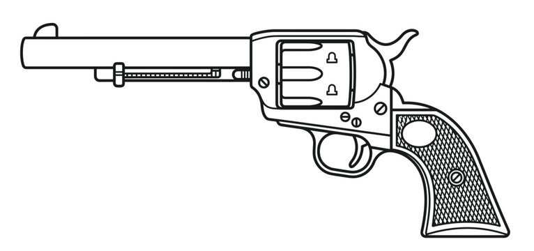 Vintage revolver handgun vector illustration. Classic wild west pistol line art. Antique firearm weapon icon for western design.