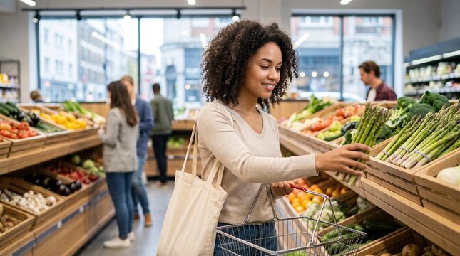 Young woman choosing fresh asparagus in a grocery store supermarket produce aisle
