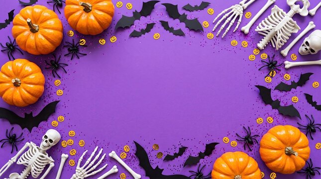 Halloween background with pumpkins bats and skeletons on purple