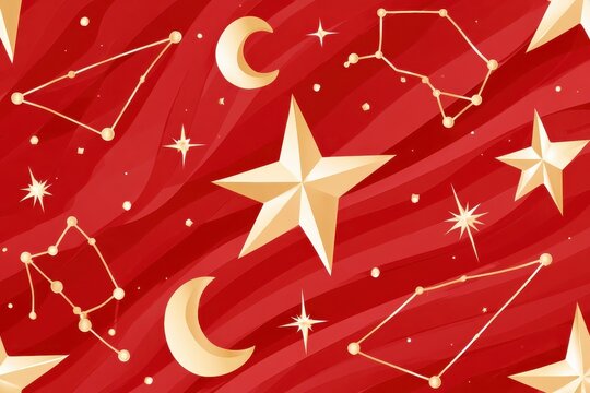 Red celestial pattern with gold stars moons and constellations