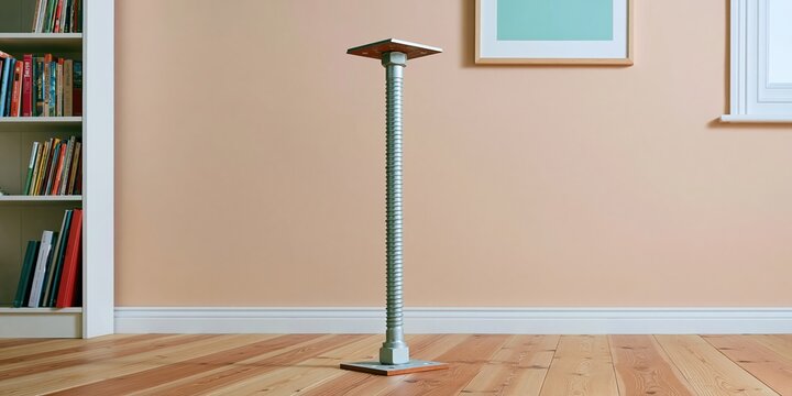 Giant galvanized wall anchor standing on timber floorboards in a minimalist living room, featuring a metallic finish and copy space for engineering brands