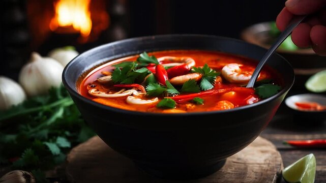 Traditional tom yum Thai Laos soup in bowl dinner lunch, vegetable vegetarian cuisine AI Generative