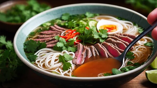 Traditional Vietnamese pho bo soup in bowl dinner lunch, vegetable vegetarian cuisine AI Generative
