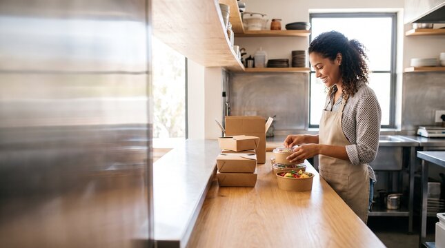 Female business owner packing food orders in a professional kitchen for delivery service.