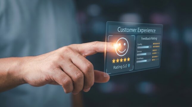 Customer experience feedback interface with star rating and smiley face.