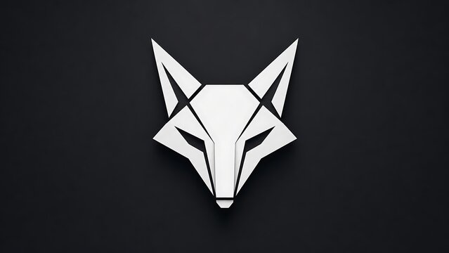 Sharp geometric white low poly wolf head badge on dark background
