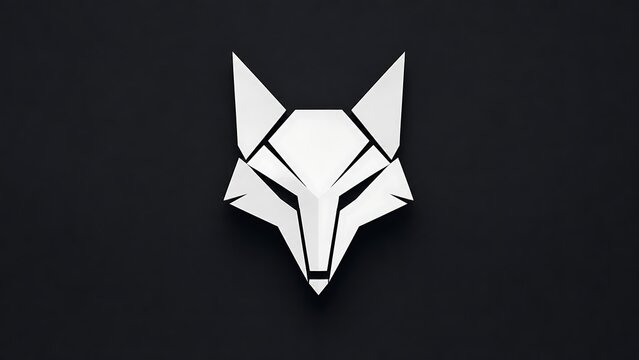 Fierce white low poly wolf head face emblem on dark background
