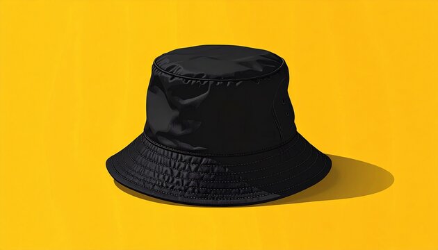 Black bucket hat viewed from directly above isolated on yellow background 3D rendering
