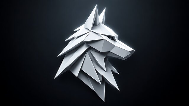 Fierce low poly white wolf head facing front on dark background
