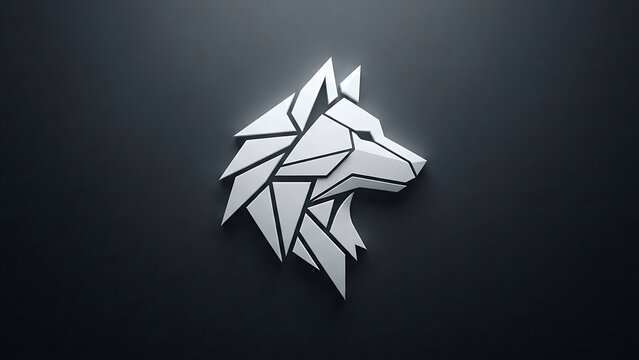 Minimalist white paper craft low poly wolf head emblem on dark
