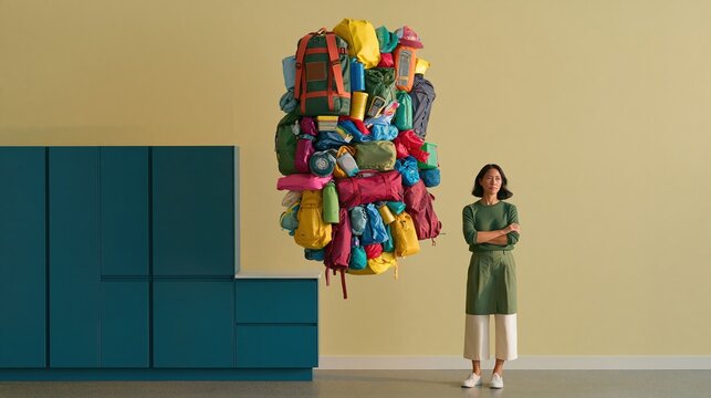 Floating disaster preparedness kit and supplies in a modern kitchen with a woman looking unimpressed, featuring copy space for a mockup