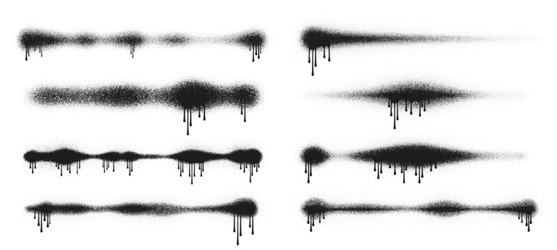 Black spray paint lines with drips set. Grunge aerosol paint strokes, graffiti spray dividers, dripping ink borders, urban spray paint texture elements. Street art and poster design vector illustratio
