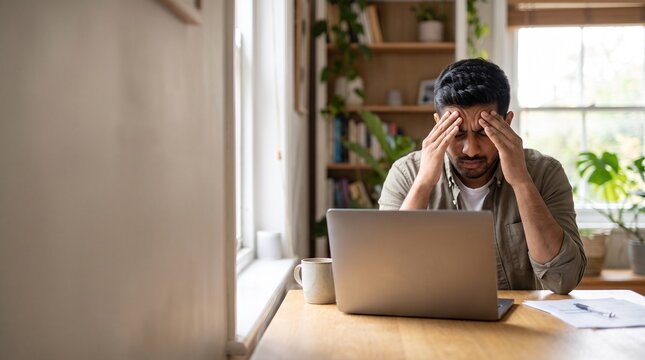 Stressed man working on laptop at home office desk with head in hands
