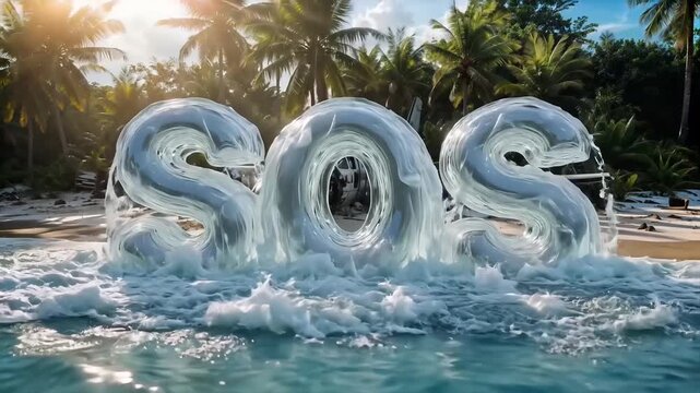 Cinematic water level shot of massive liquid ocean waves forming giant transparent SOS letters washing ashore near a crashed airplane on a tropical island beach.