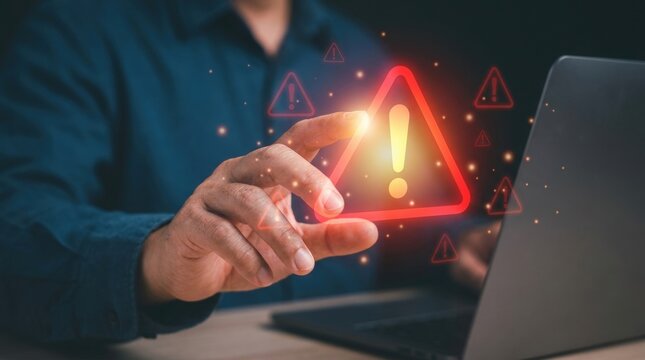 Cybersecurity alert warning sign on digital screen with person interacting with technology.
