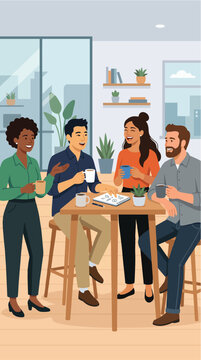 Diverse office professionals sharing coffee during a work break while discussing new ideas in a collaborative environment, minimalist 2d flat vector illustration, Secretaries' Day