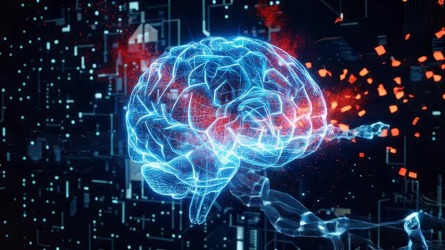 Leuchtendes digitales Gehirn mit Datenstr&ouml;men und Partikeln als futuristisches Konzept f&uuml;r k&uuml;nstliche Intelligenz
