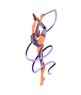 Athlete of rhythmic gymnastics with disability. Gymnast performs sports element with ribbon. Girl with prosthesis of leg stands in pose in competition. Flat isolated vector illustration on white
