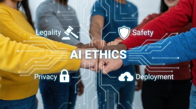 Diverse group of people collaborating on AI ethics with digital overlay 1.