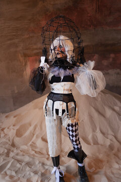 A woman in a harlequin costume with a cage on her head,