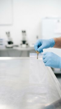 Forensic expert in blue gloves putting key into plastic evidence bag on metal table in laboratory. Crime scene investigation and criminalistics