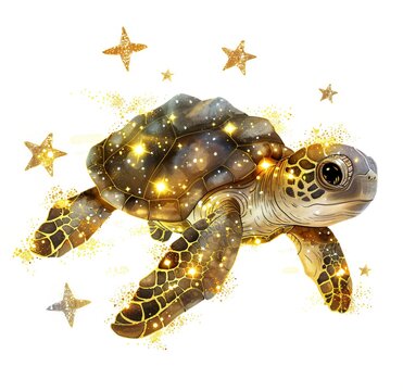 Cute baby turtle illustration covered in glowing golden stars and sparkling cosmic dust. Magical sea animal character for children greeting card, wall poster, sticker print design.