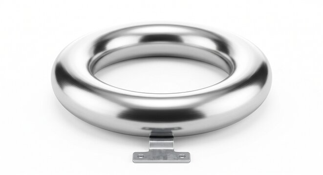 High-voltage corona ring for substation infrastructure. Heavy-duty polished aluminum toroid designed to distribute electrical gradients, isolated on white background.