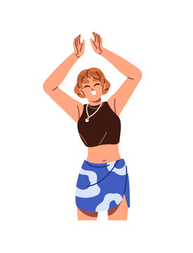 Happy woman gratitudes and appreciates with applause. Person congratulates and applauds. Greeting girl claps her hands above head. Acknowledgment with clapping hands. Woman applauds with arms up
