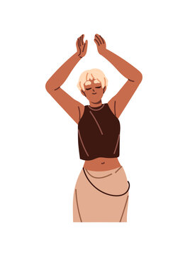 Happy black woman applauds for expression of acknowledgment. Girl gratitudes and appreciates with applause. Greeting person congratulates. Happy girl claps raised up hands. Woman applauds above a head