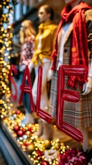 Obraz premium Festive holiday store window display featuring mannequins in stylish winter outfits, red 'SALE' letters, and warm golden lights with Christmas decorations.