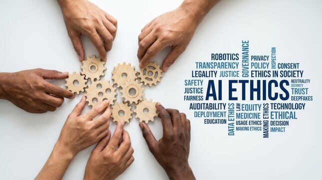 Diverse group of people holding gears with AI ethics word cloud.
