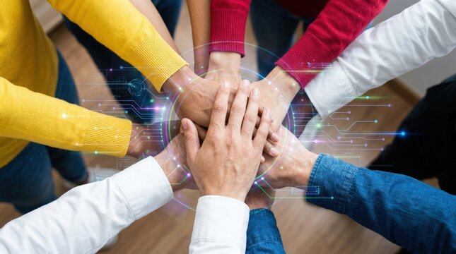 Diverse group of people joining hands in unity and teamwork.