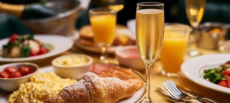 A Gourmet Brunch Buffet with Champagne Flute Scrambled Eggs, Croissants, and Fresh Salads.