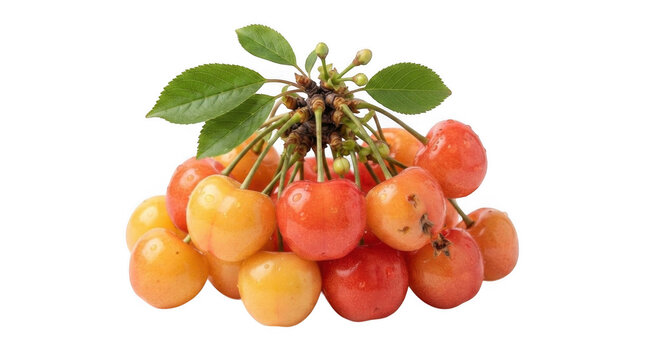 Fresh ripe rainier cherries with green leaves attached in a large bunch for healthy snack and summer fruit recipes isolated on transparent background