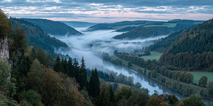 Panoramic misty river valley landscape with rolling fog at sunrise over mountains and green forests.