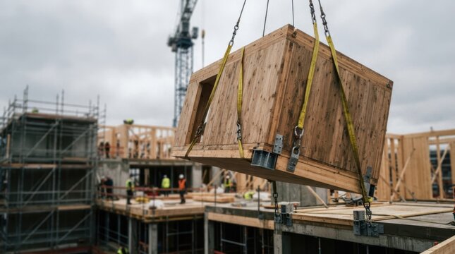 Timber module lifted by crane with yellow straps, cross laminated wood texture and steel joints on a construction site