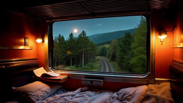Cozy Sleeper Train Cabin Room View at Night with Moonlit Forest Landscape