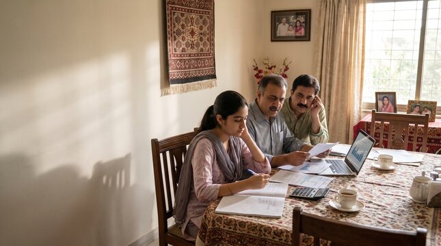 Indian family reviewing household finances and bills together at home table