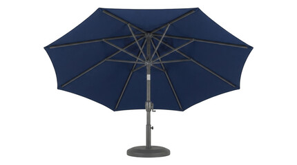 Large dark blue patio umbrella with a sturdy metal stand for outdoor sun protection in a garden or backyard setting isolated on transparent background © AF LAB