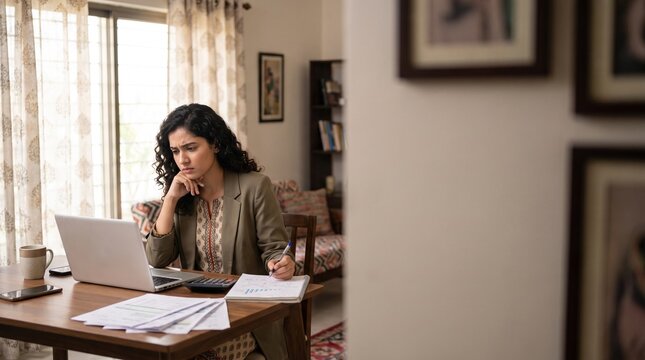 Focused woman entrepreneur working on laptop at home office desk for business planning