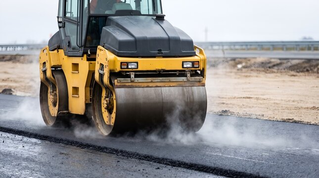 Heavy yellow steamroller compacting hot asphalt on highway construction project