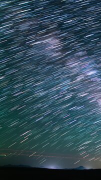 Vertical Shot Star Trails of Milky Way Galaxy June in South Sky Over Trona Pinnacles Astrophotography Time Lapse in California USA