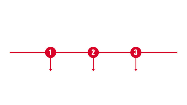 Horizontal timeline diagram with red numbered circular nodes and downward pointing arrows red circles process chart data visualization progress steps infographic element sequential flow