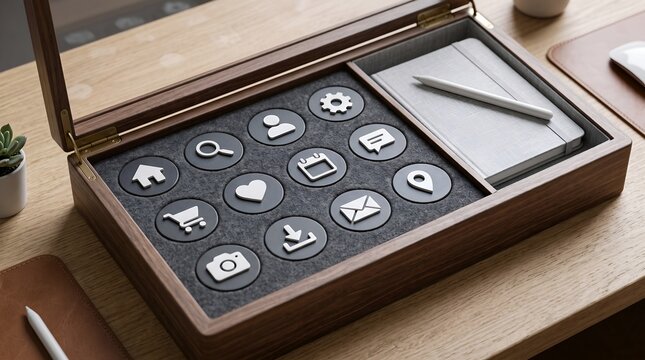 Minimalist digital app icons inside a wooden organizer box on desk