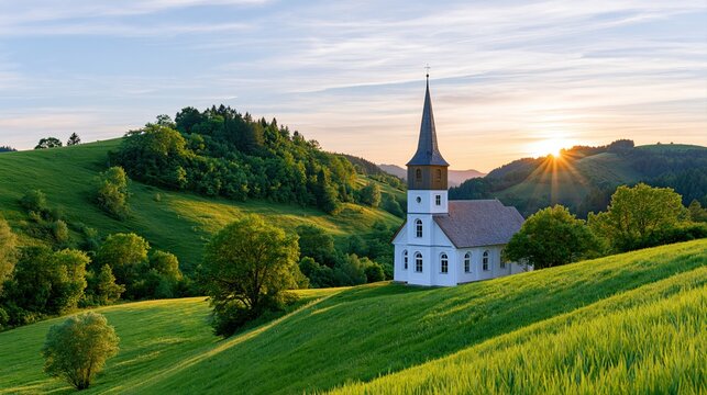 White church on green hillside
