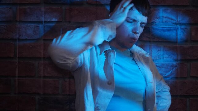 Frustrated, male person or mistake with migraine or fatigue for burnout, regret or crisis in house