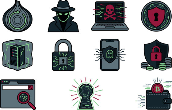 Cybersecurity and Cyber Crime Vector Icon Set with Hacker, Ransomware Malware, Tor Onion Routing, Secure Padlock, Cryptocurrency Wallet, and Data Protection Symbols