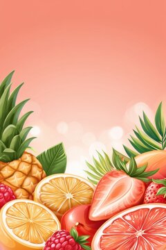 Tropical fruit arrangement with pineapple orange strawberry and grapefruit on pink background